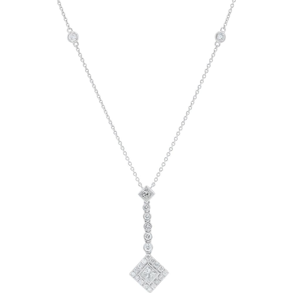 18K White Gold 1.85 Carat Princess Cut Diamond Pendant Necklace with Diamond Halo - 0.84 Carat Center Diamond