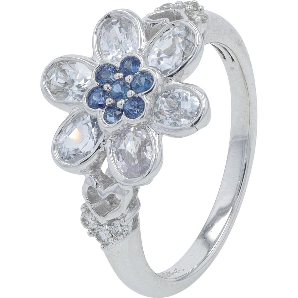 18K White Gold 1.85 Carat Total Weight Blue & White Sapphire Flower Ring with Diamond Accents