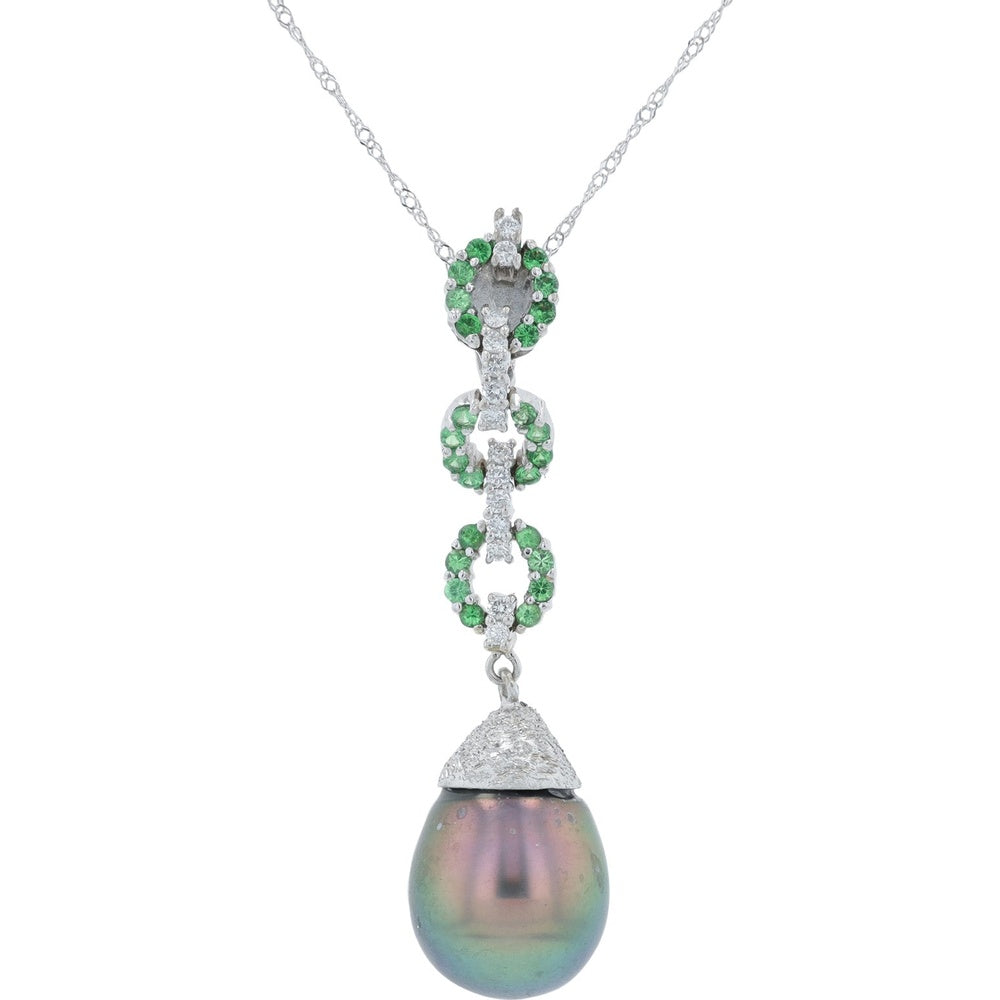 18K White Gold 10.92mm Tahitian Pearl Drop Pendant with Pavé Diamond Cap and Tsavorite Accent Links - 18 Inch Chain