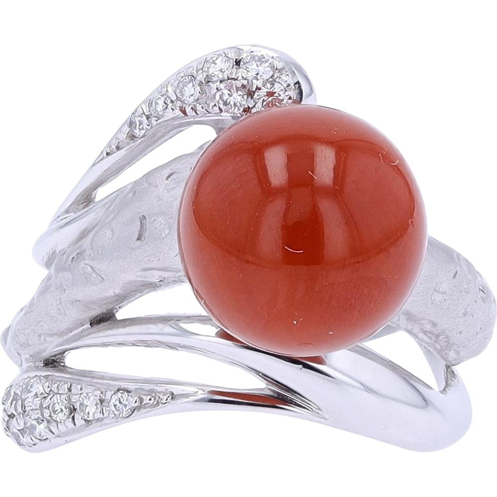 18K White Gold 10MM Coral Bead Ring with 0.08 Carat Diamond Accents