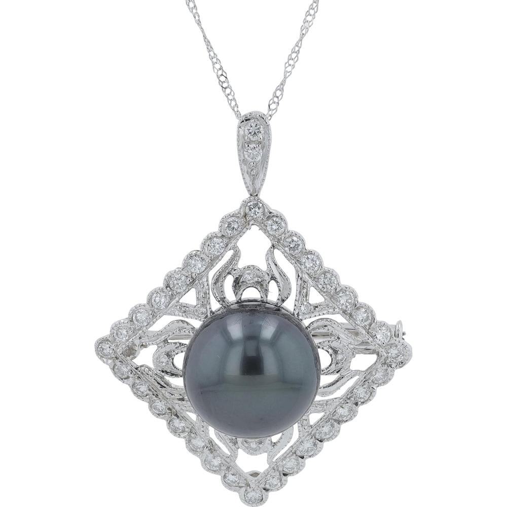 18K White Gold 11.6mm Tahitian Pearl Drop Pendant with 0.61 Carat Diamond Accents