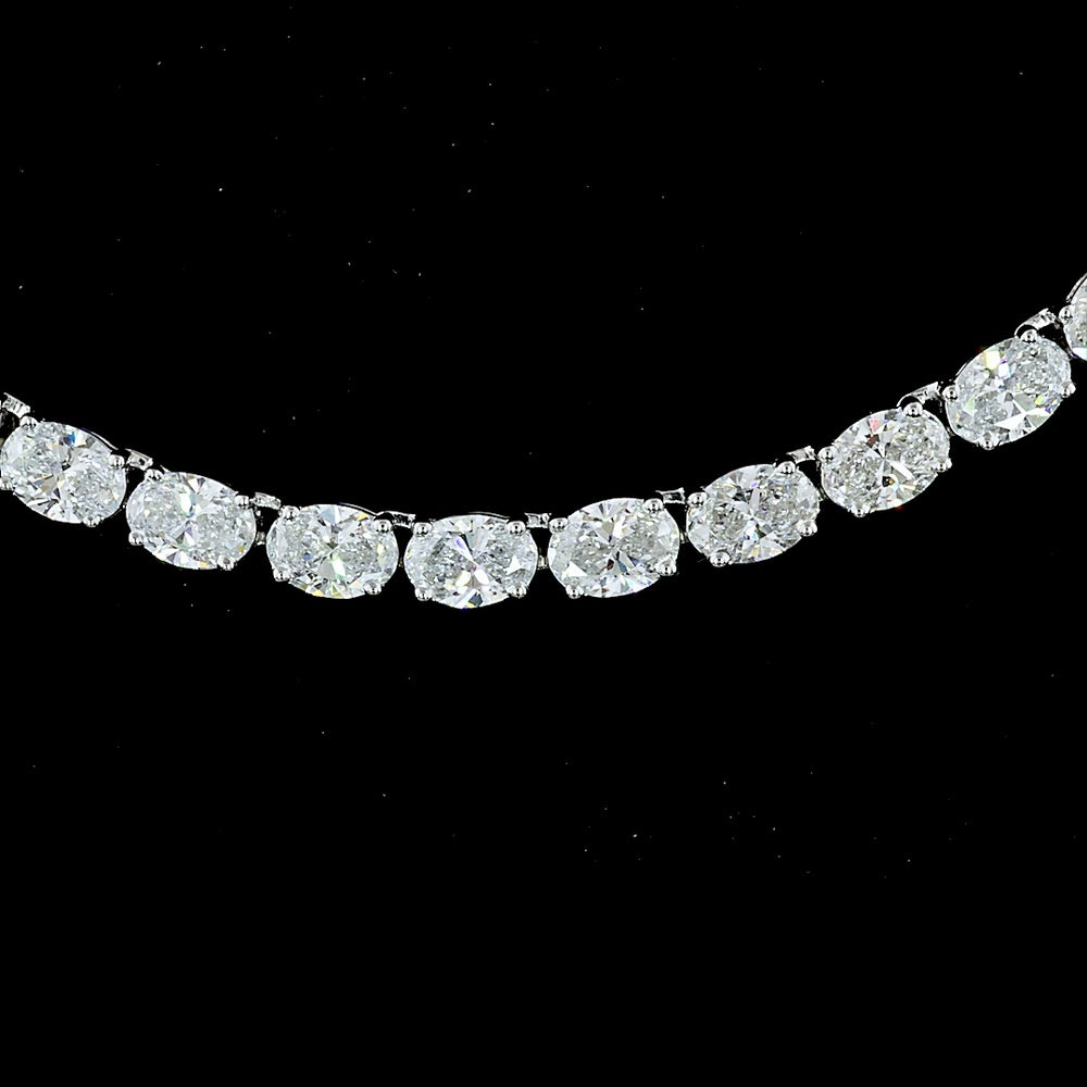 18K White Gold 11.8 Carat Tennis Necklace with East-West Set Oval Cut Lab Diamonds - 104 Stones E-F VS Quality - Covaloro Fine Jewelry