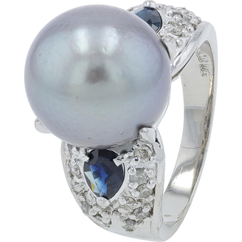18K White Gold 12.8mm Tahitian Pearl Ring with Heart - Shaped Sapphire Accents and 0.40 Carat Total Diamond Weight
