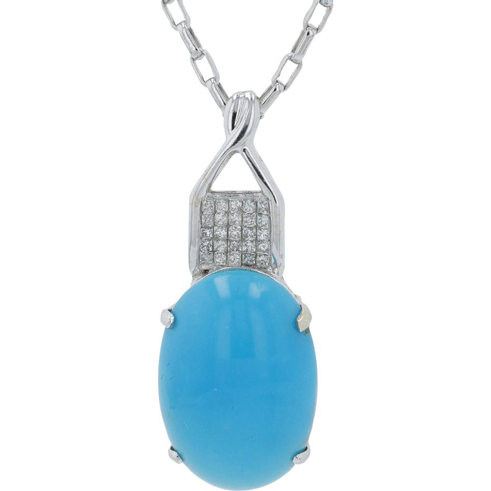 18K White Gold 12.95 Carat Oval Turquoise Pendant with 0.33 Carat Diamond Accents