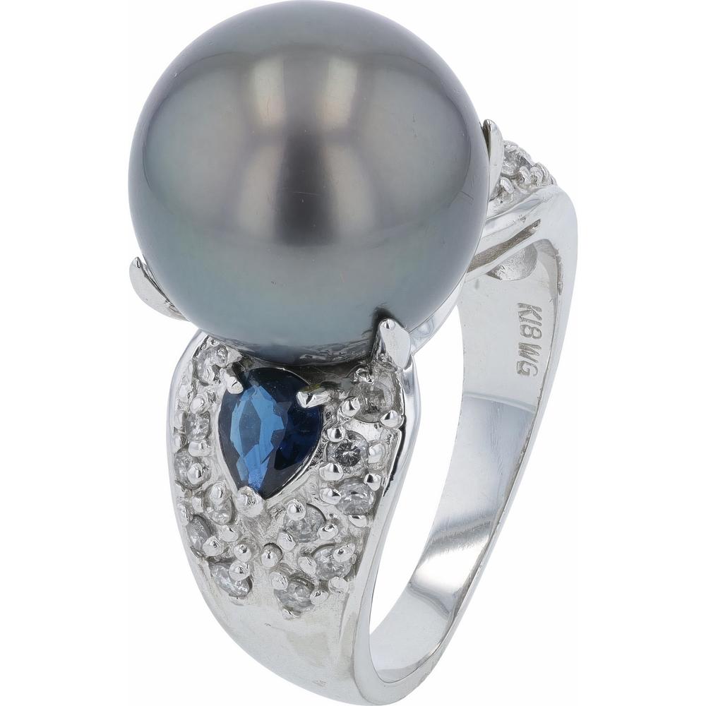 18K White Gold 13.3mm Black Pearl Ring with Pear-Shaped Sapphire and Diamond Accents
