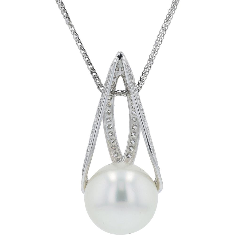18K White Gold 13.6mm Pearl Pendant Necklace with 0.73 Carat Diamond Accents