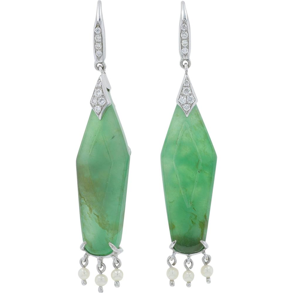 18K White Gold 13.94 Carat Jade & Pearl Drop Earrings with 0.13 Carat Diamond Accents