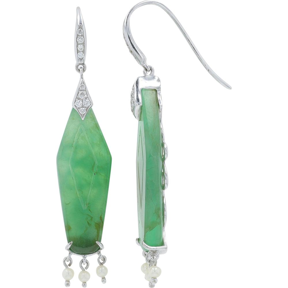 18K White Gold 13.94 Carat Jade & Pearl Drop Earrings with 0.13 Carat Diamond Accents