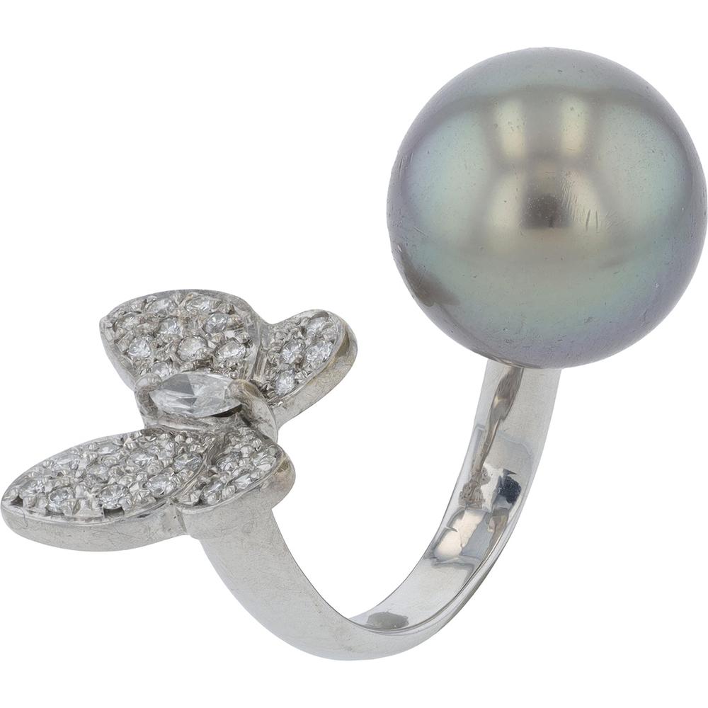 18K White Gold 13MM Tahitian Pearl Butterfly Cuff Ring with 0.37 Carats Diamonds