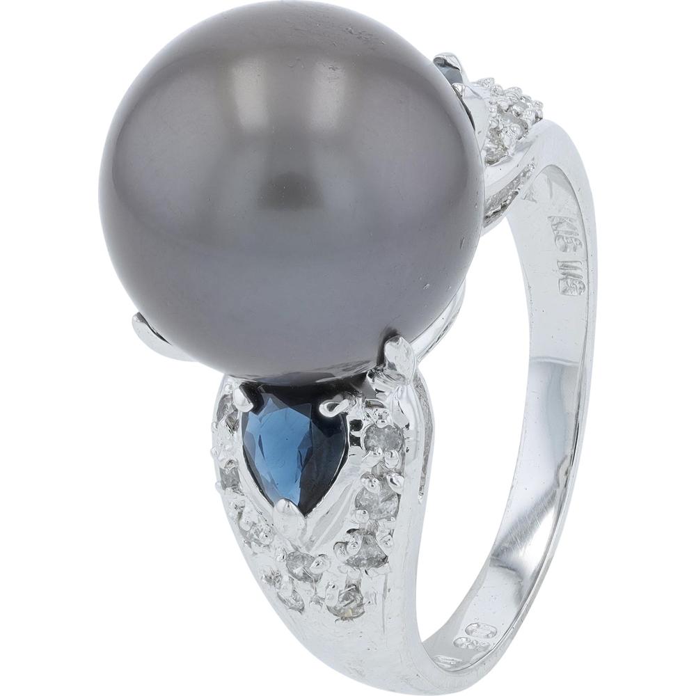 18K White Gold 13mm Tahitian Pearl Ring with 0.50 Carat Pear - Shaped Sapphire and 0.20 Carat Total Diamond Accents