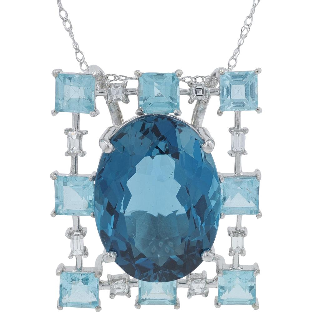 18K White Gold 15.399 Carat Oval Blue Topaz Pendant with Square - Cut Blue Topaz Accents and 0.295 Carats of Diamond Accents