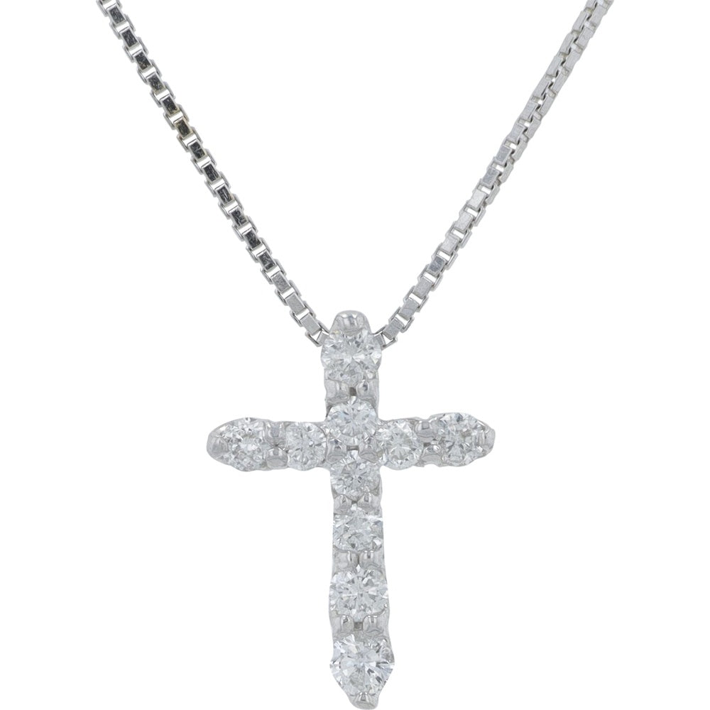18K White Gold 15-Inch Diamond Cross Pendant with Prong-Set Round Diamonds - 0.20 Carat Total Diamond Weight