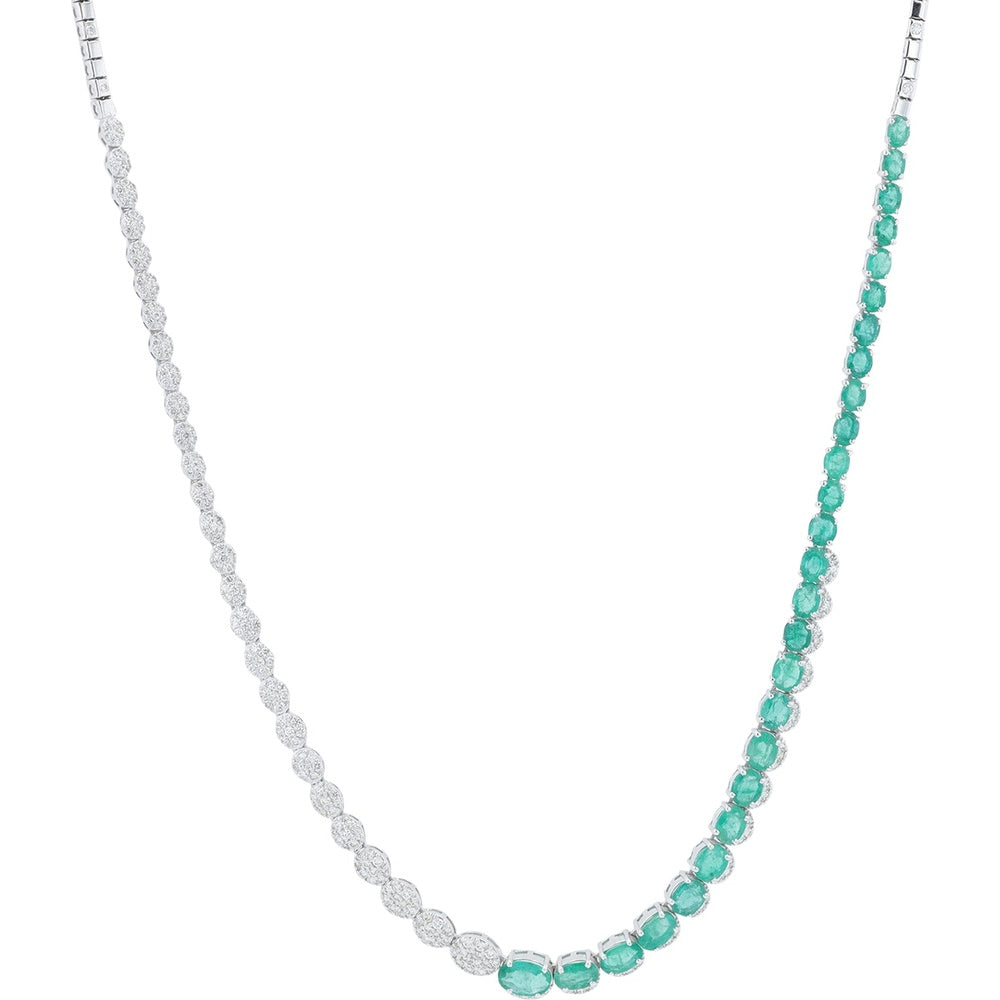 18K White Gold 16.5-Inch Split Tennis Necklace with Oval Emeralds and Round Diamonds - 8.26 Carat Total Emerald Weight and 2.36 Carat Total Diamond Weight
