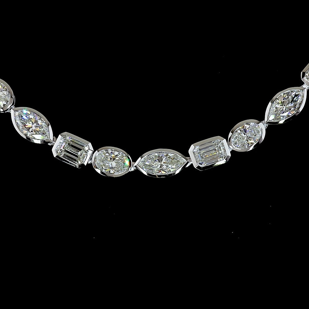 18K White Gold 17.58 Carat Tennis Necklace with Bezel-Set Marquise, Emerald & Oval Lab Diamonds in East-West Orientation - Covaloro Fine Jewelry