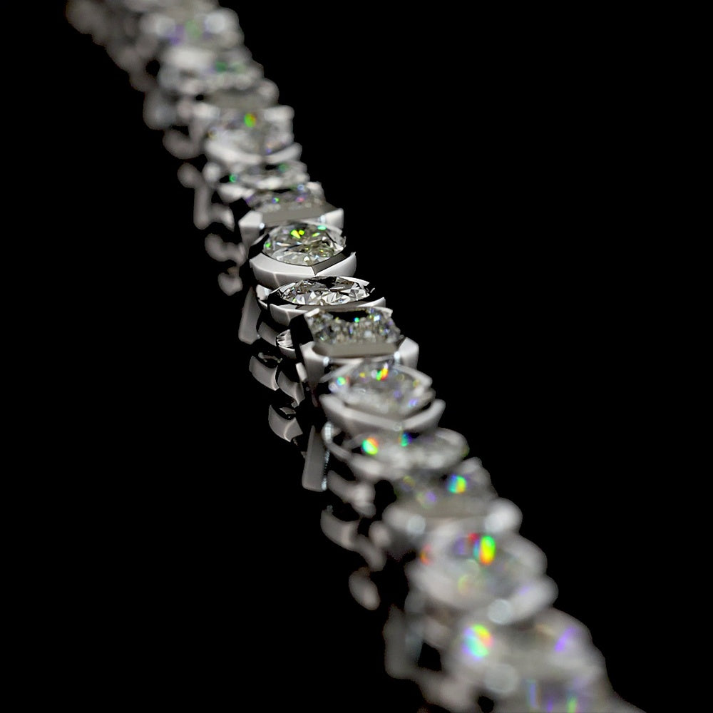 18K White Gold 17.58 Carat Tennis Necklace with Bezel-Set Marquise, Emerald & Oval Lab Diamonds in East-West Orientation - Covaloro Fine Jewelry