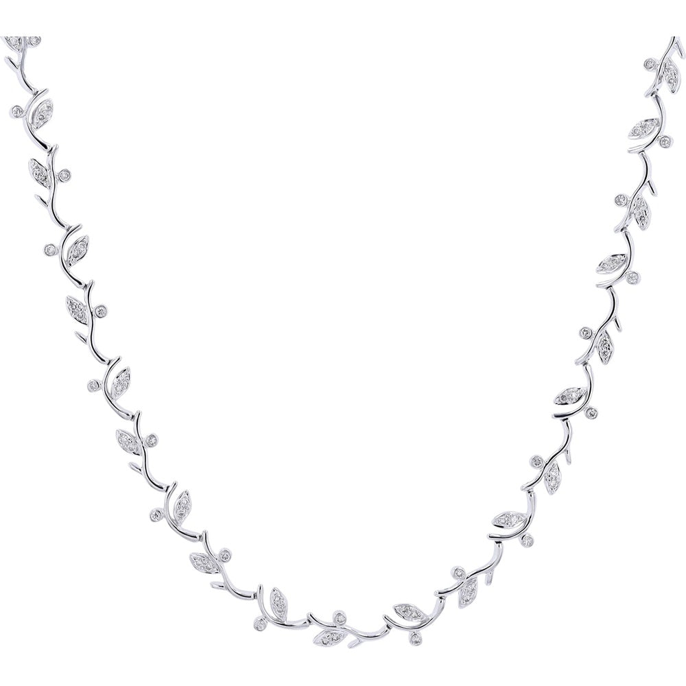 18K White Gold 17-Inch Botanical Vine Necklace with Leaf and Bud Motif Diamonds - 2.00 Carat Total Diamond Weight