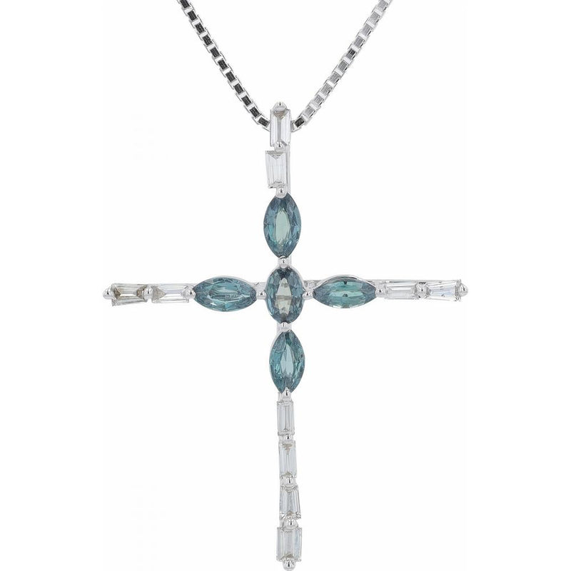 18K White Gold 18" Cross Pendant with Marquise Alexandrites and Baguette Diamonds - 0.44 Carats Total Gem Weight