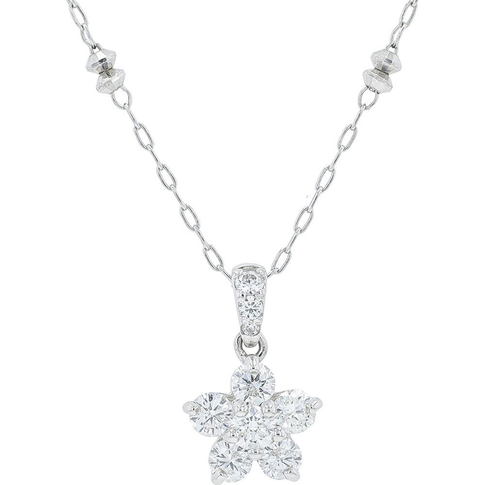 18K White Gold 18-Inch Diamond Flower Pendant with Pave-Set Bale and Decorative Station Chain - 0.55 Carat Total Diamond Weight