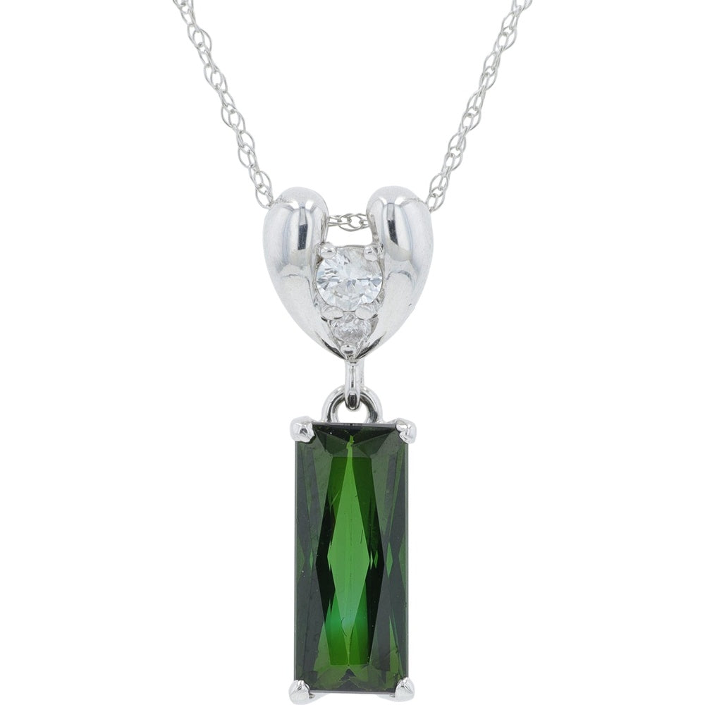 18K White Gold 18-Inch Pendant Necklace with Baguette-Cut Green Tourmaline and Diamond Accents - 2.05 Carat Total Tourmaline Weight