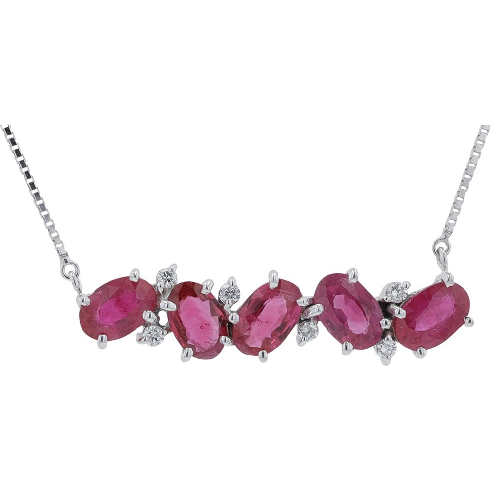 18K White Gold 18-Inch Station Necklace with Prong-Set Oval Rubies and Diamond Accents - 2.50 Carat Total Ruby Weight and 0.08 Carat Total Diamond Weight