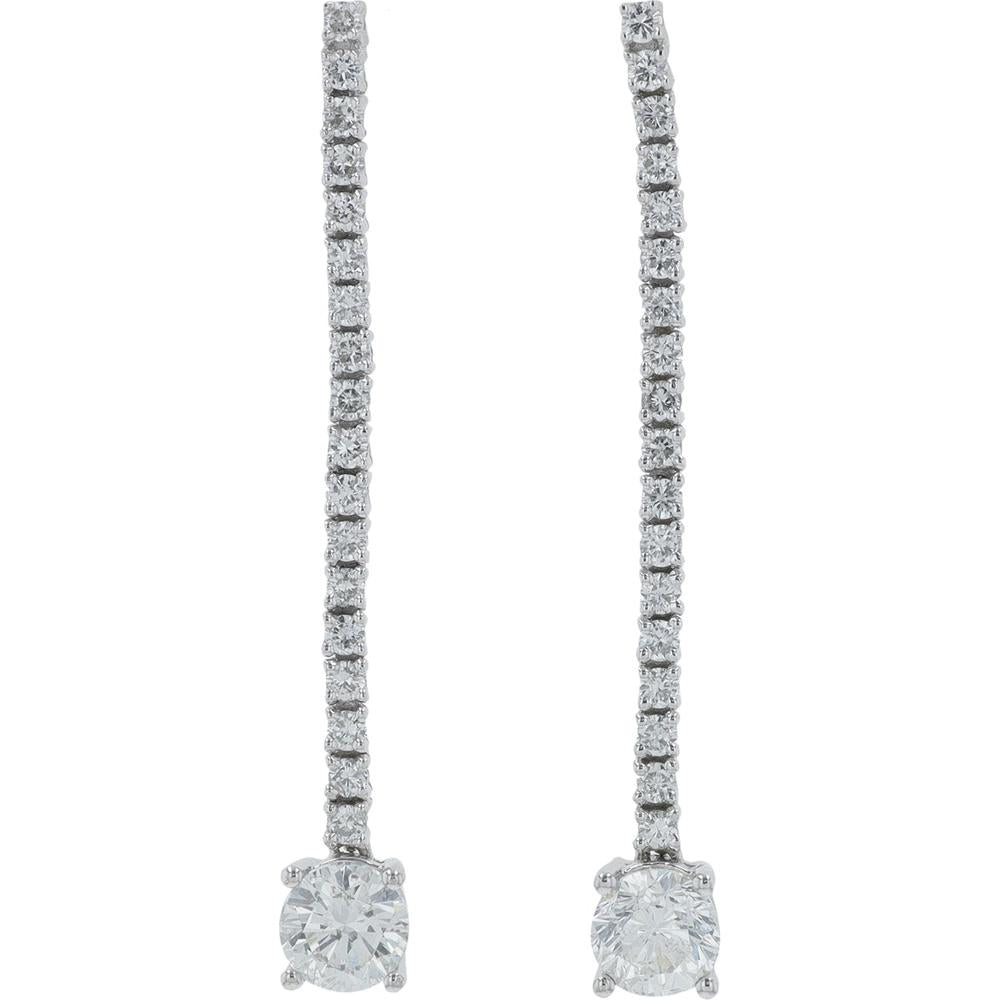 18K White Gold 2.04 Carat Total Diamond Drop Earrings - Prong Set Round Diamonds
