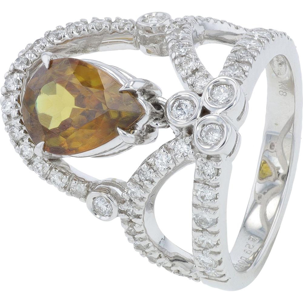 18K White Gold 2.29 Carat Pear - Shaped Sphene Ring with 0.64 Carats Diamond Accents