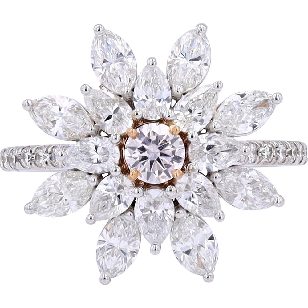 18K White Gold 2.48 Carat Total Weight Diamond Flower Ring with 0.23 Carat Light Pink Center