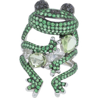 18K White Gold 2.50 Carat Total Weight Tsavorite Frog Ring with Sapphire Accents