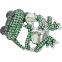 18K White Gold 2.50 Carat Total Weight Tsavorite Frog Ring with Sapphire Accents