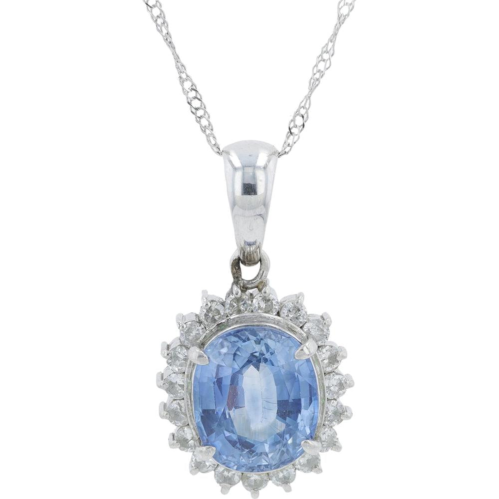18K White Gold 2.53 Carat Sapphire Halo Pendant with Diamonds - 0.37 Carat Total Diamond Weight