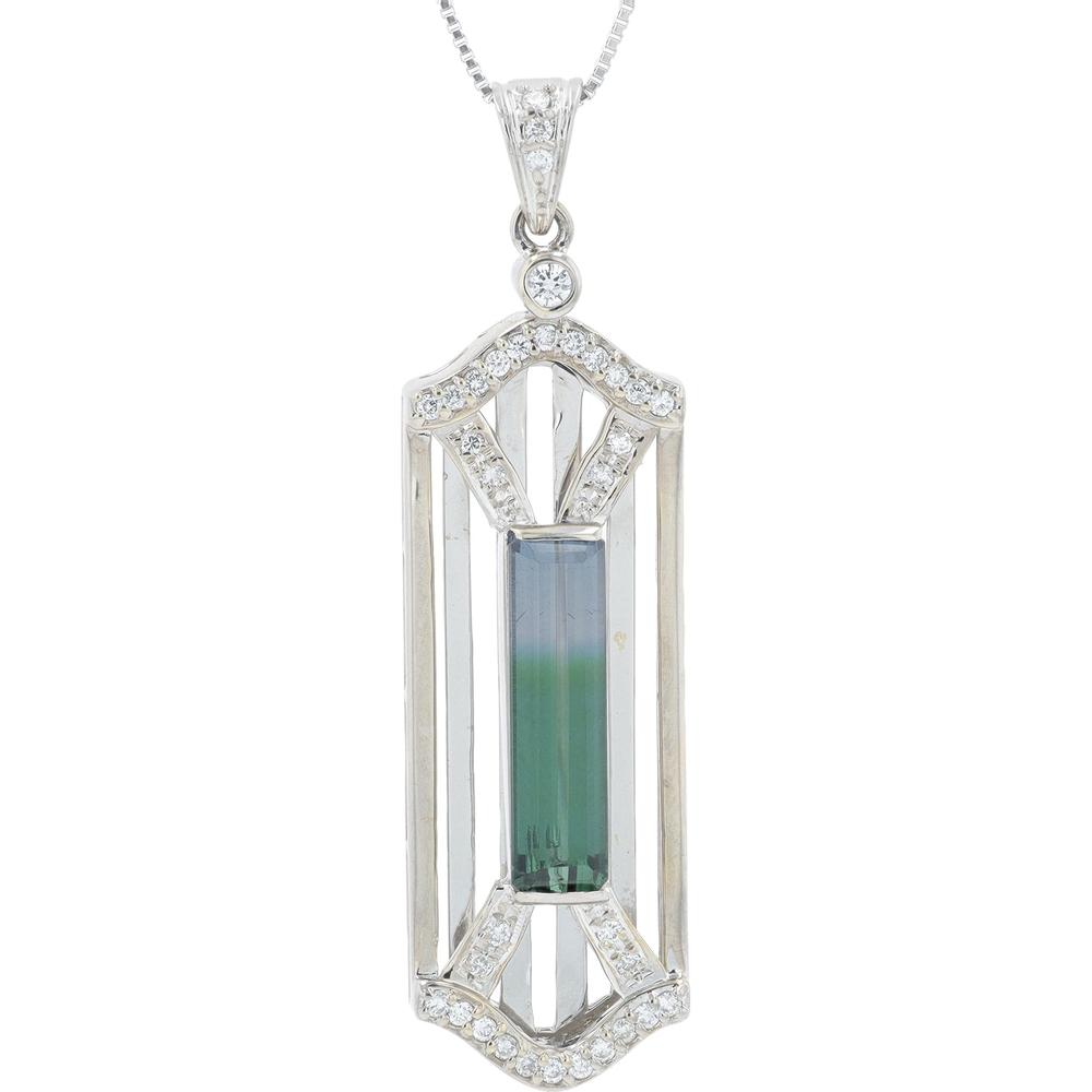 18K White Gold 2.94 Carat Baguette Tourmaline Pendant with 0.28 Carat Diamond Accents