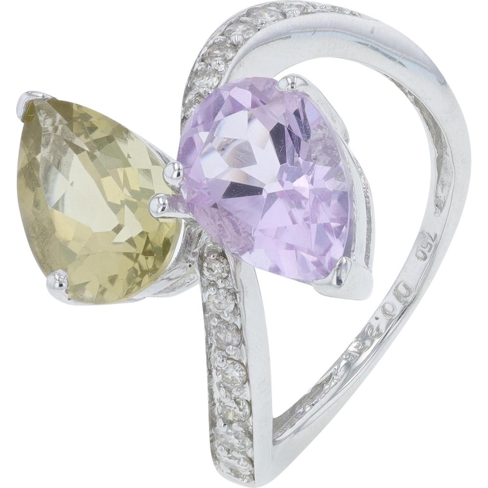 18K White Gold 3.71 Carats Amethyst & Quartz Bypass Ring with Diamond Accents - 0.235 Carats Total Diamond Weight
