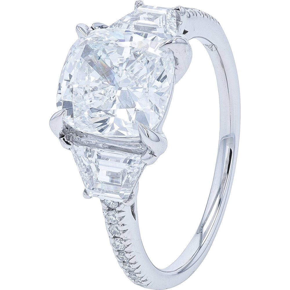 18K White Gold 3-Stone Engagement Ring with Cushion Cut Lab Grown Diamond and Trapezoid Side Stones - 3.87 Carat Total Diamond Weight