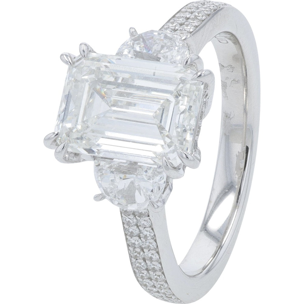 18K White Gold 3-Stone Engagement Ring with Emerald Cut Lab Grown Diamond and Round Side Stones - 4.00 Carat Total Diamond Weight