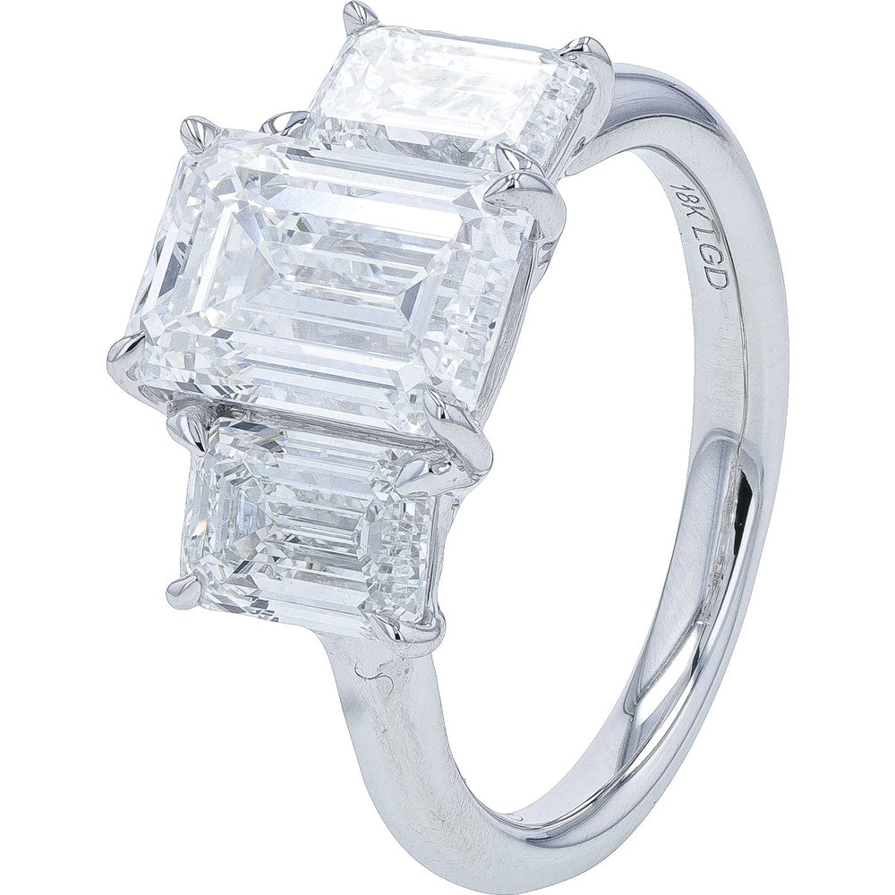18K White Gold 3-Stone Engagement Ring with Emerald Cut Lab Grown Diamonds - 5.00 Carat Total Diamond Weight
