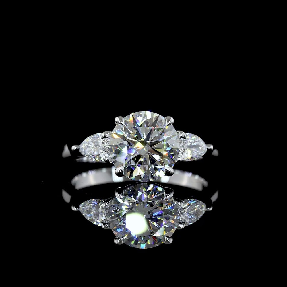 18K White Gold 3-Stone Ring with 2.19 Carats Round Brilliant Lab Diamond and 0.42 Carats Pear Shaped Side Diamonds - 2.61 Carats Total Diamond Weight - Covaloro Fine Jewelry