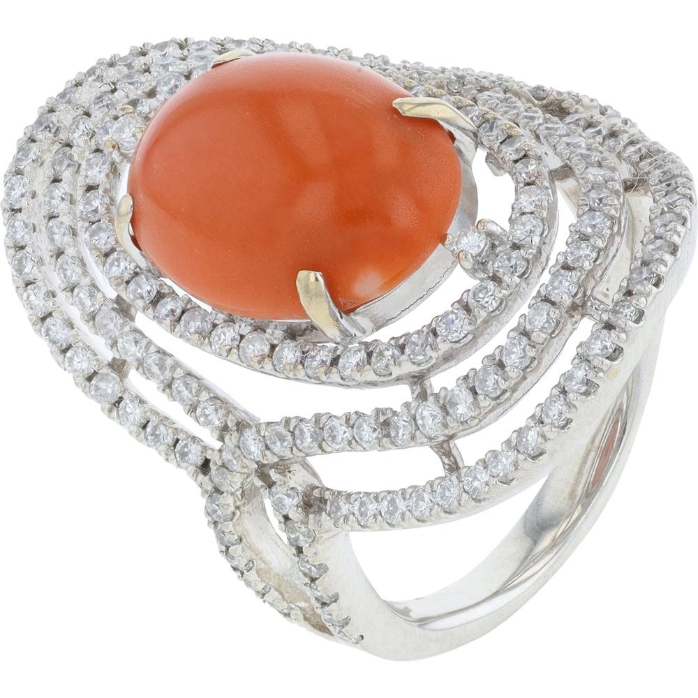 18K White Gold 4.03 Carat Coral Ring with 1.01 Carats Diamond Halo - Statement Designer Ring