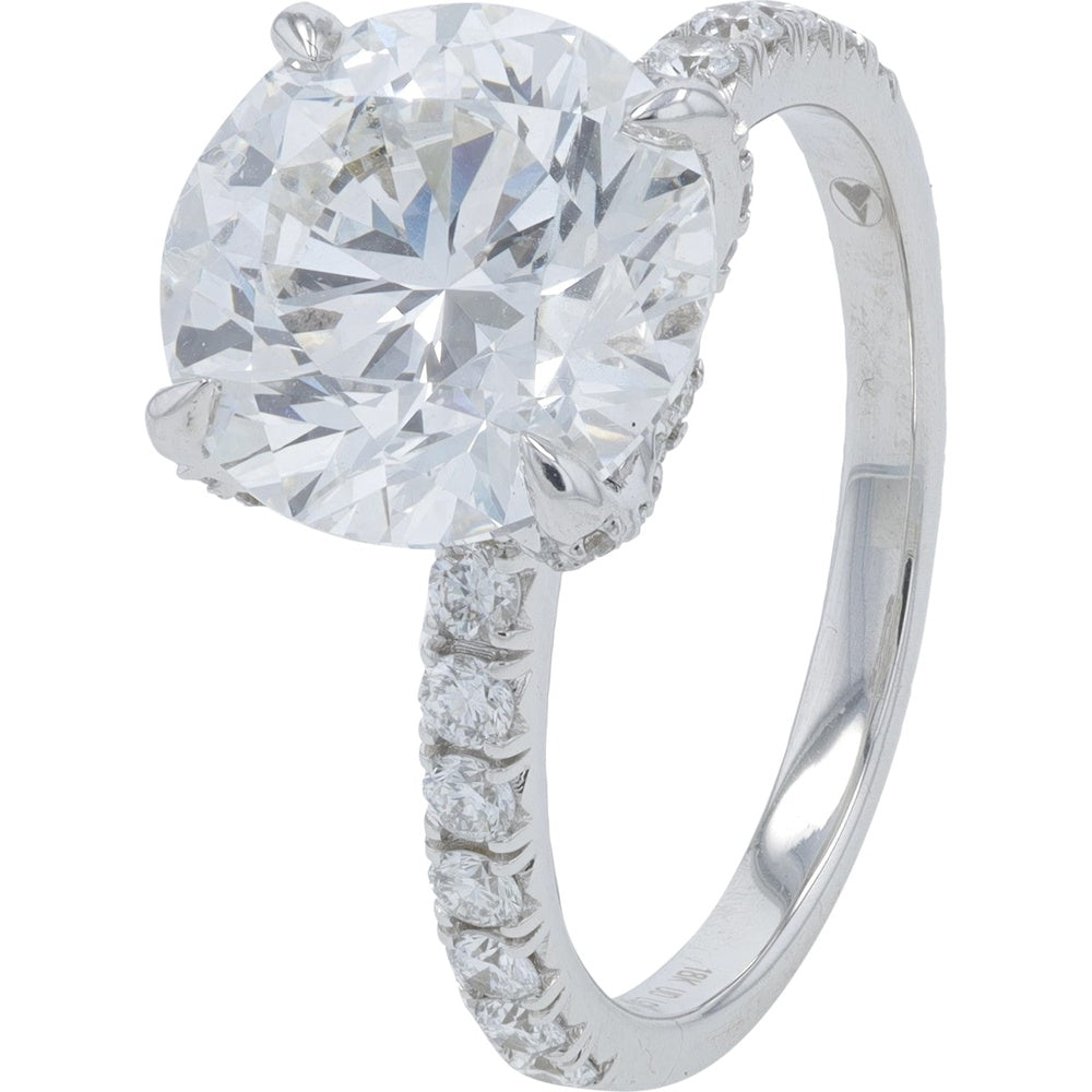 18K White Gold 4.43 Carat Total Weight Lab Grown Diamond Engagement Ring with Round Brilliant Center and Pavé Shoulders