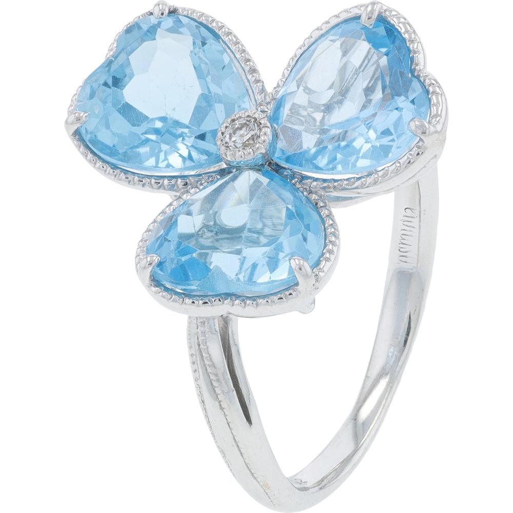 18K White Gold 5.906 Carats Blue Topaz Clover Ring with Diamond Accent - 0.32 Carat Total Diamond Weight
