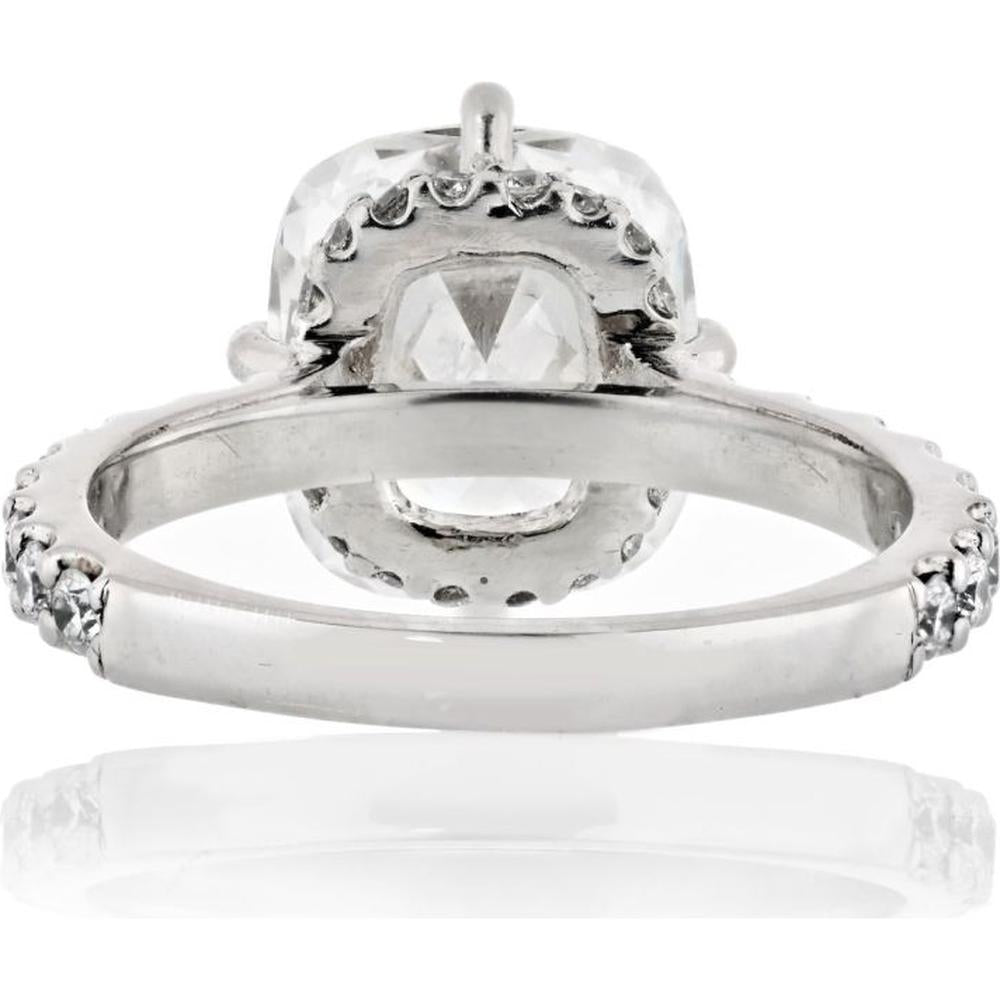18K White Gold 5 Carat Cushion Cut Diamond Engagement Ring with Hidden Halo and Eagle Claw Prongs - E/VS1 GIA Certified
