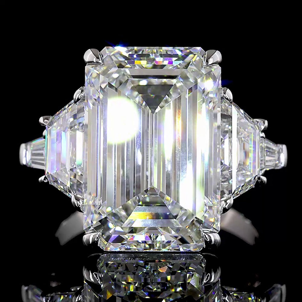 18K White Gold 5-Stone Emerald Cut Lab Diamond Ring with Trapezoid Side Stones - 8.80 Carats Total Diamond Weight - Covaloro Fine Jewelry