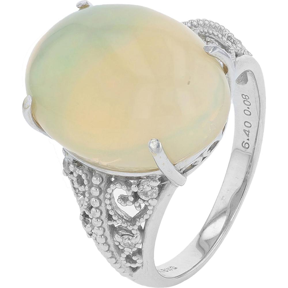 18K White Gold 6.40 Carat Cabochon Opal Ring with 0.08 Carat Diamond Accents in Heart Milgrain Detail