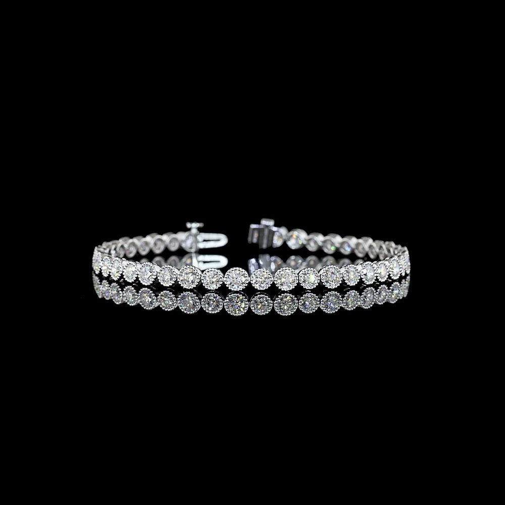 18K White Gold 7.25" Tennis Bracelet with Bezel Set Round Lab Diamonds - 5.28 Total Carat Weight, E-F VS Quality - Covaloro Fine Jewelry