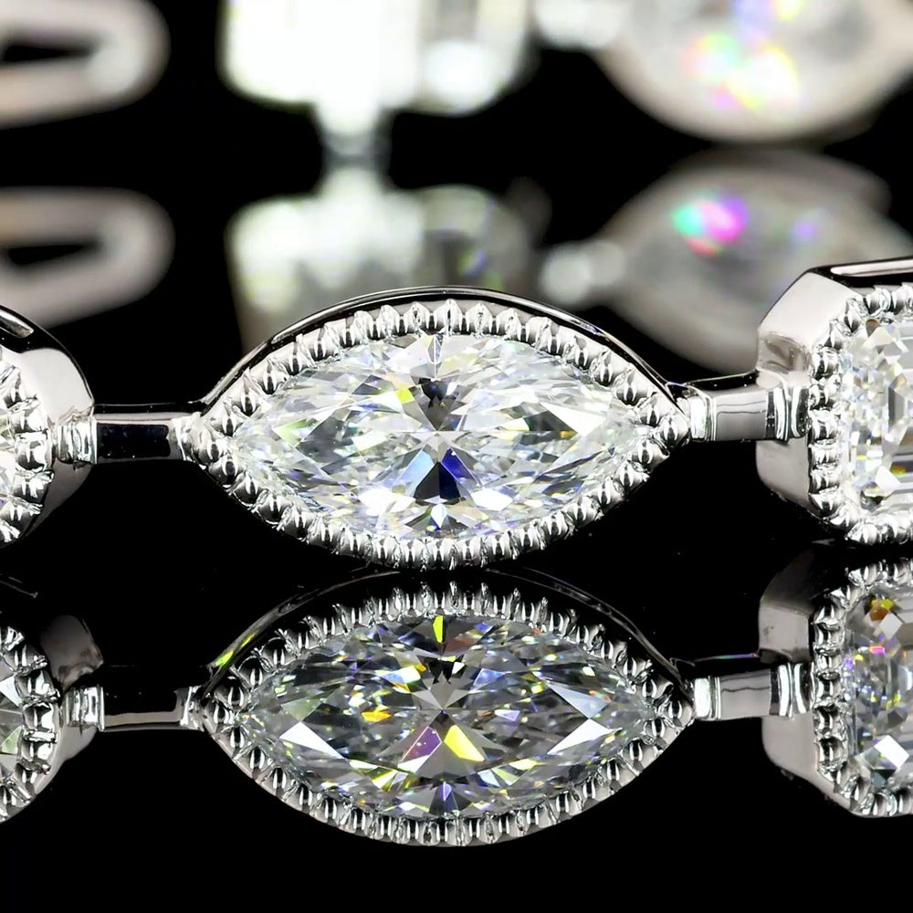 18K White Gold 7.5" Tennis Bracelet with East-West Bezel Set Emerald, Oval, and Pear Cut Lab Diamonds - 10.01 Carat Total Weight - Covaloro Fine Jewelry