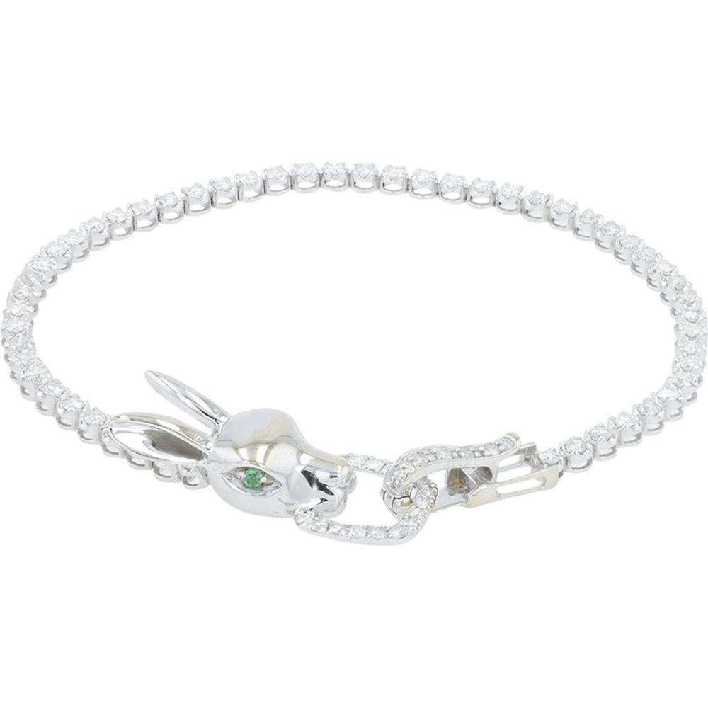 18K White Gold 7" Bunny Motif Tennis Bracelet with 1.50 Carat Round Diamonds & 0.04 Carat Green Garnet Accent