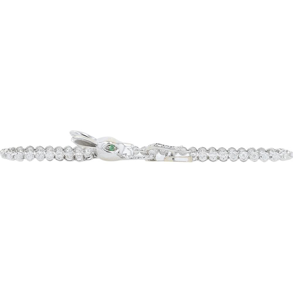18K White Gold 7" Bunny Motif Tennis Bracelet with 1.50 Carat Round Diamonds & 0.04 Carat Green Garnet Accent