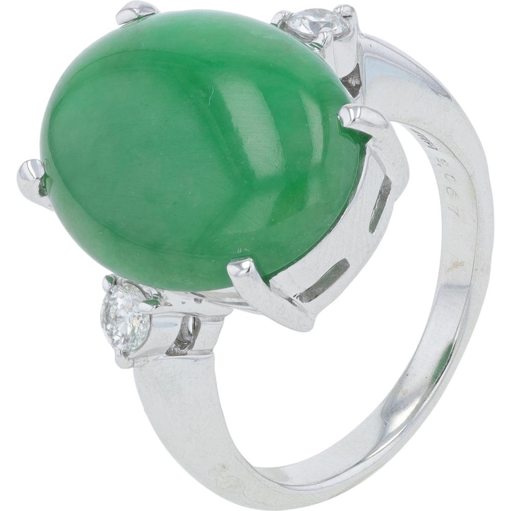 18K White Gold 9.06 Carat Jade Ring with 0.22 Carats Round Diamond Accents - Platinum 900