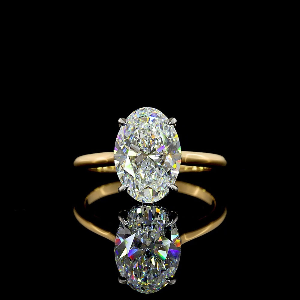 18K White Gold and Platinum Oval Cut Lab Diamond Hidden Halo Ring - 3.18 Carat Total Weight, D VVS2 - Covaloro Fine Jewelry