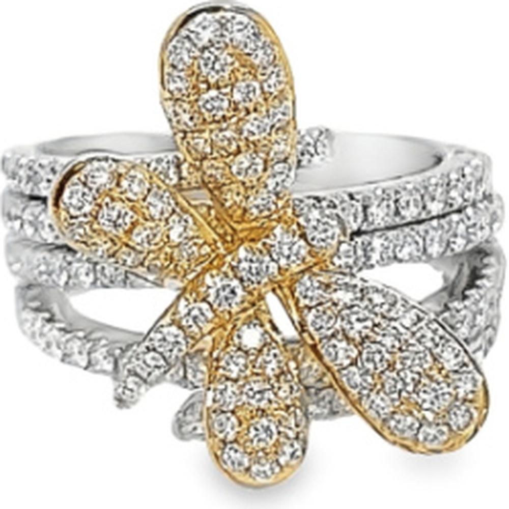 18K White Gold and Yellow Gold Butterfly Diamond Ring with Pavé Set Round Diamonds by Afarin