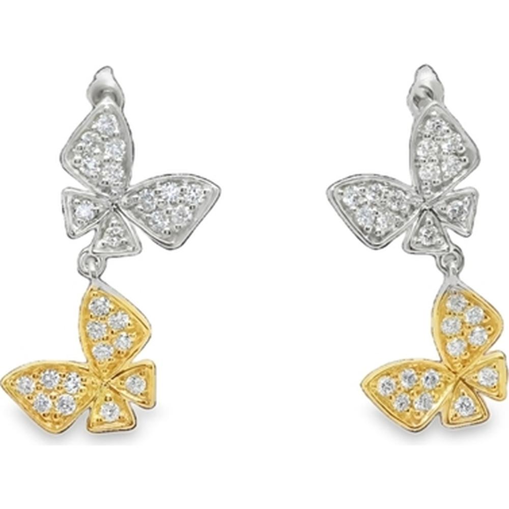 18K White Gold and Yellow Gold Butterfly Drop Earrings with Pavé Diamonds by Afarin